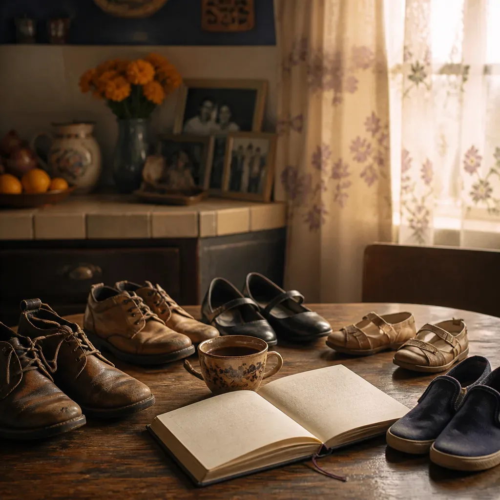 Zapatos y cuaderno sobre mesa familiar