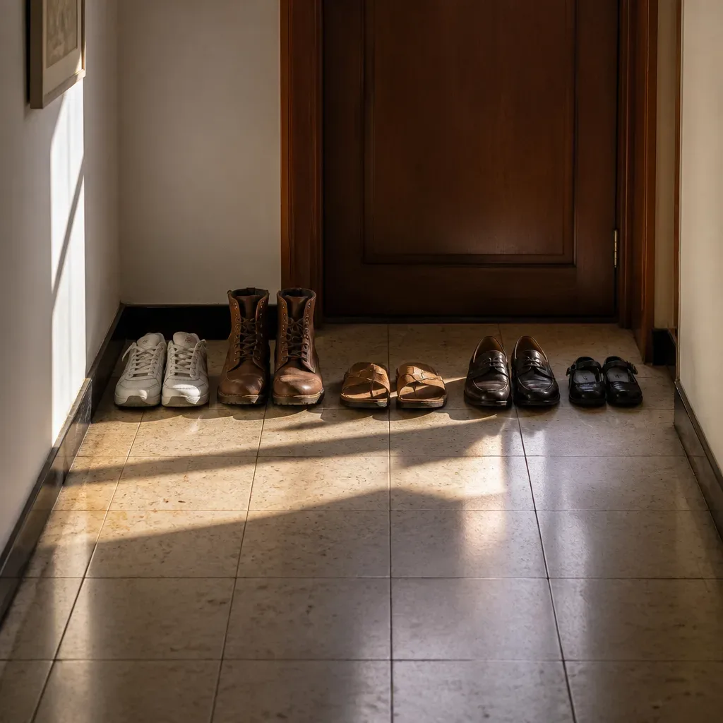 Varios zapatos alineados junto a una puerta