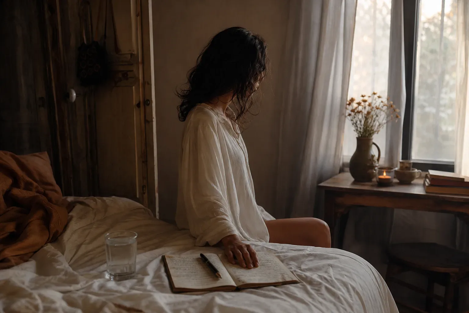 Persona llorando suavemente al despertar en la mañana