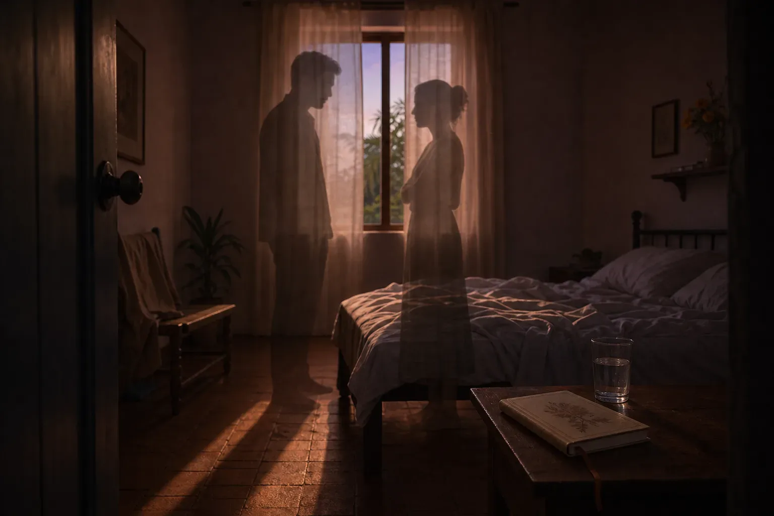 Dos sombras discuten en una habitación al amanecer