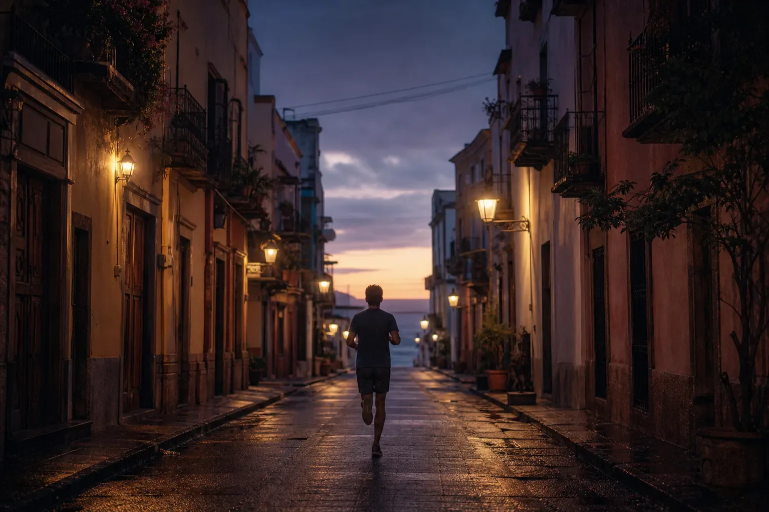 Persona corre por una calle nocturna tranquila