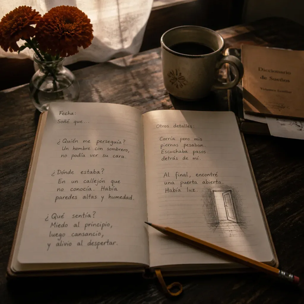Cuaderno con notas de un sueño de persecución