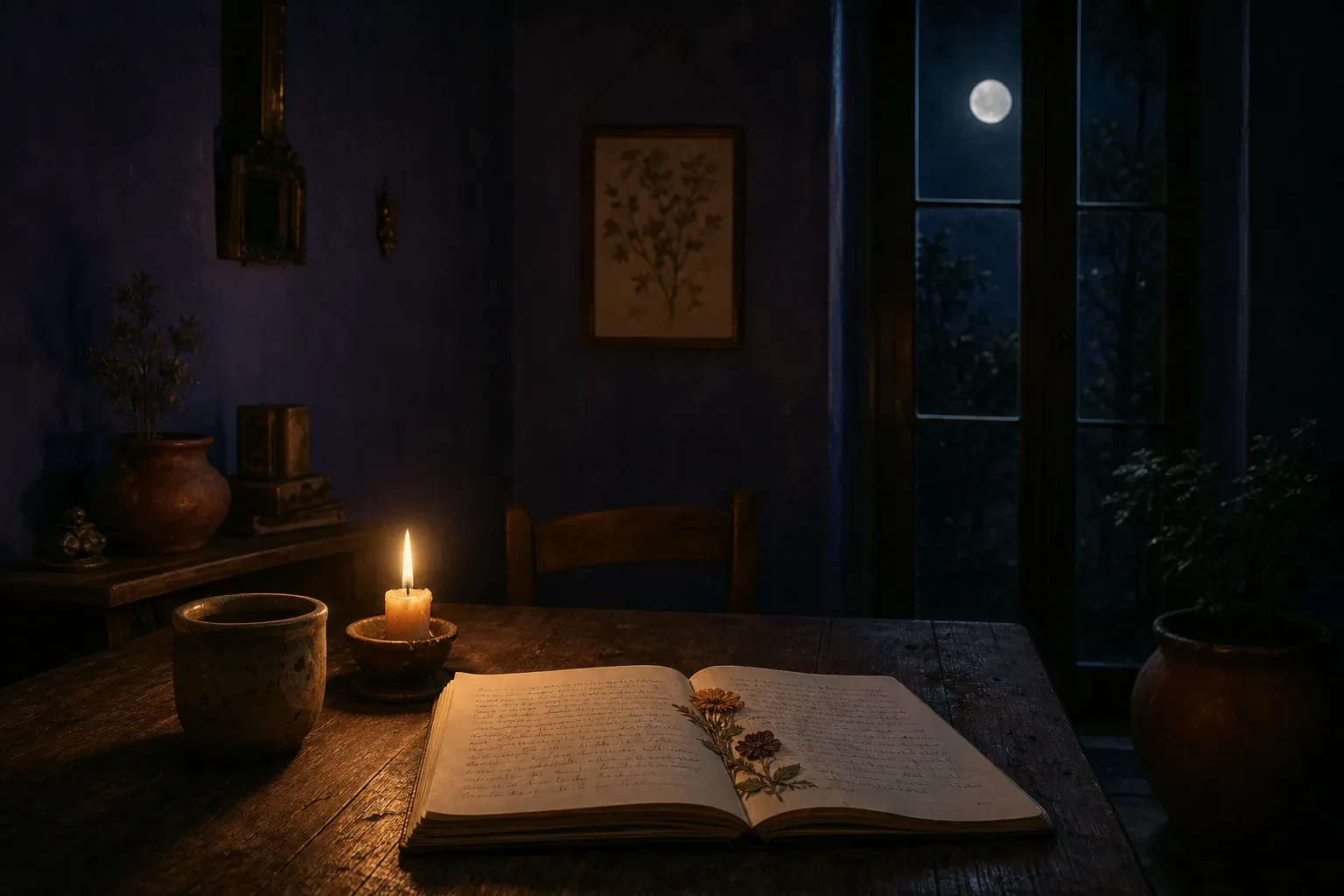 A quiet interior at night: wooden table, ceramic cup, dried flowers pressed in an open notebook.