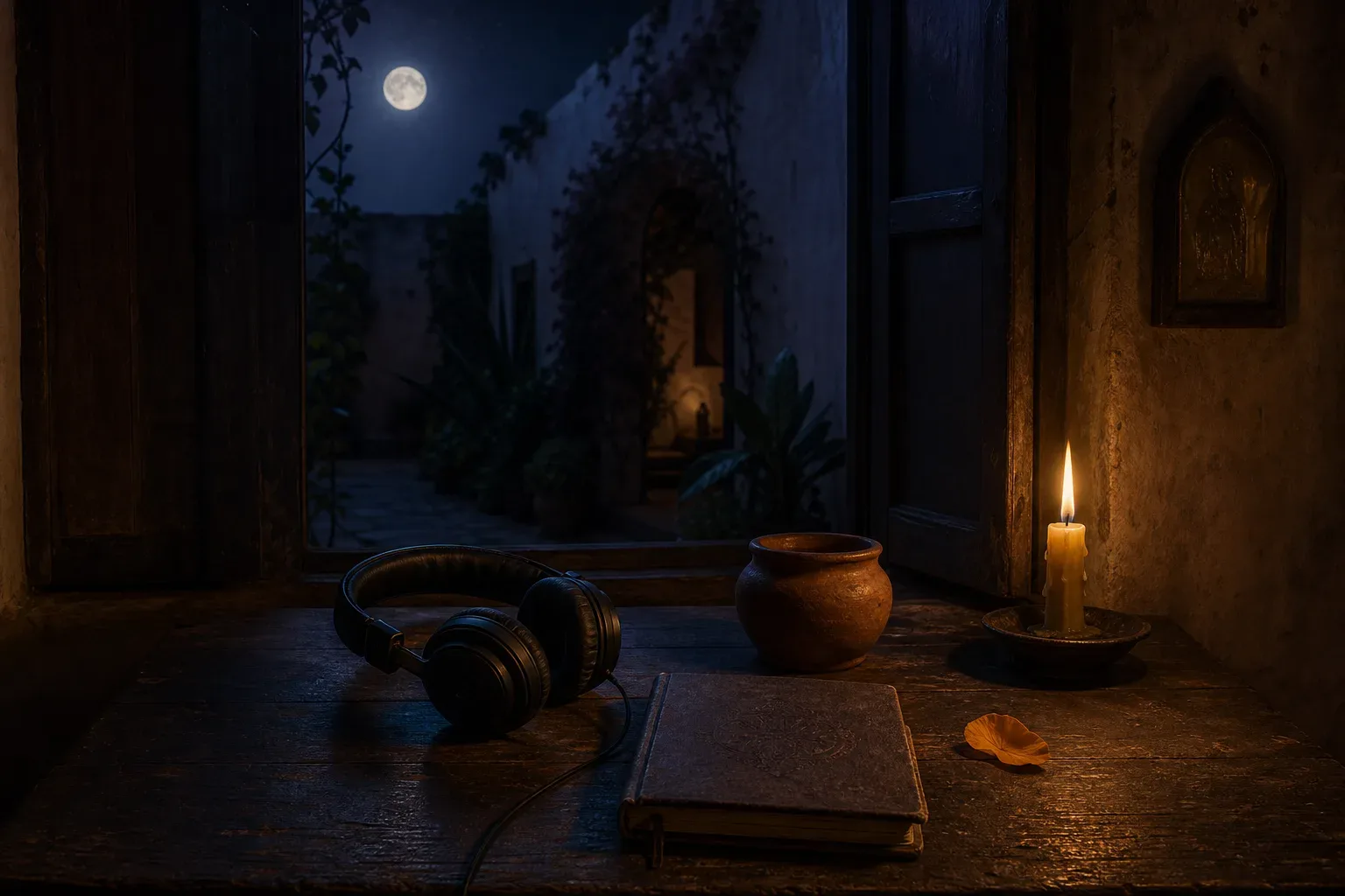 Headphones beside a ceramic cup on a dark wooden table, moonlight through a courtyard window.