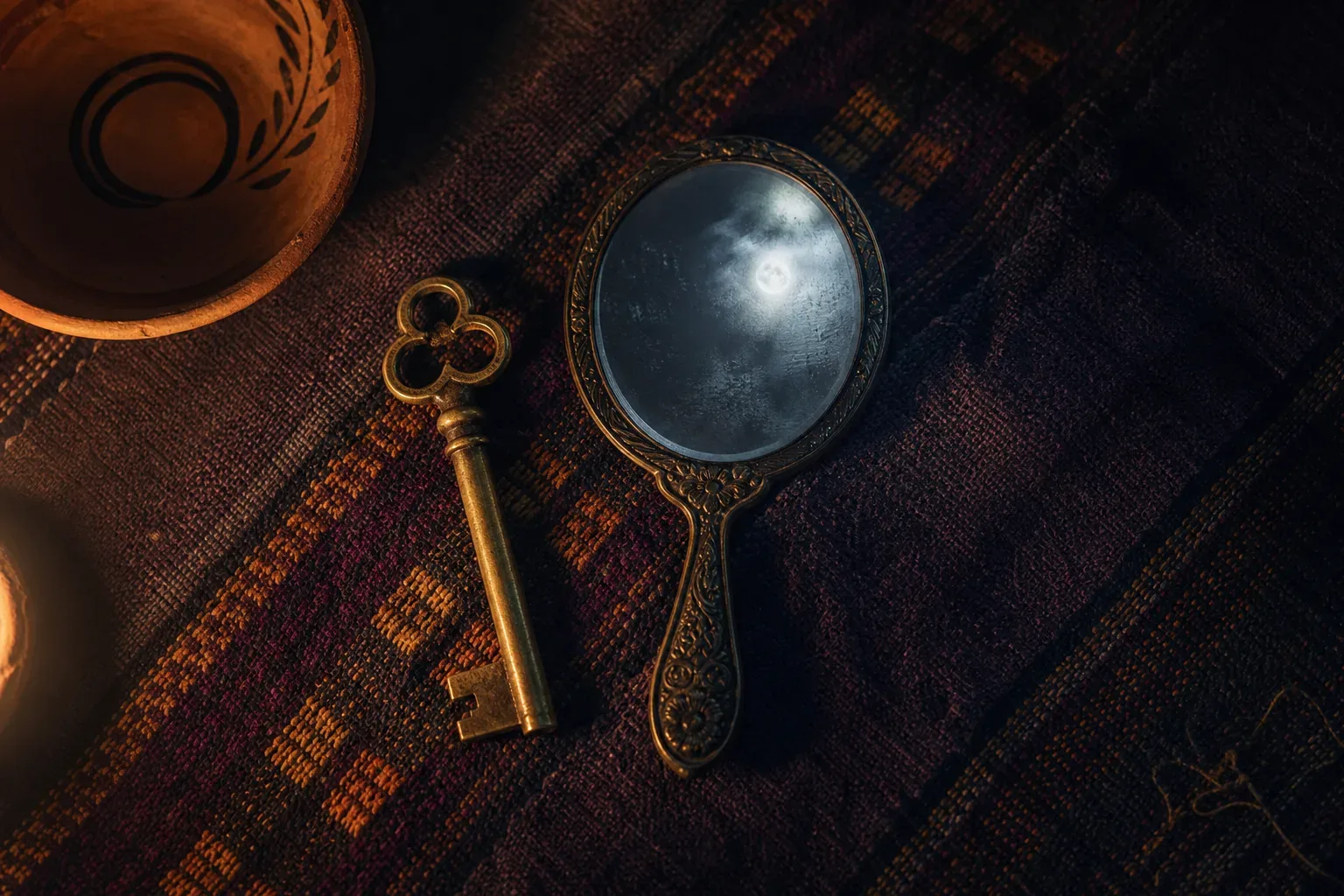 A brass key and a small hand-mirror on woven cloth in indigo shadow.